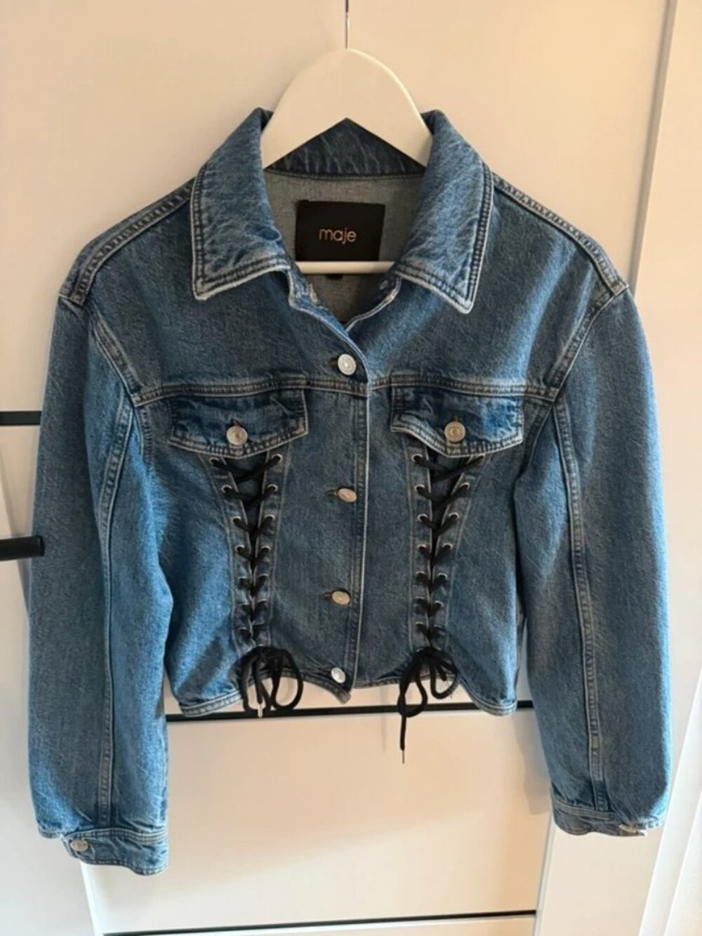 Maje Lace-Up Denim Jacket Blue Women's US 6